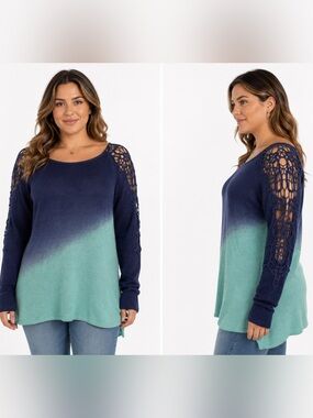 Venus Sweater Women’s L Blue Ombré Open Crochet Dipped Soft Thin Round Neck